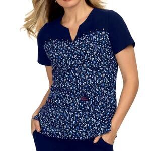 Betsey Johnson x koi Dark Blue Dandelion Scrub Top Ditsy Floral Print Sz XL